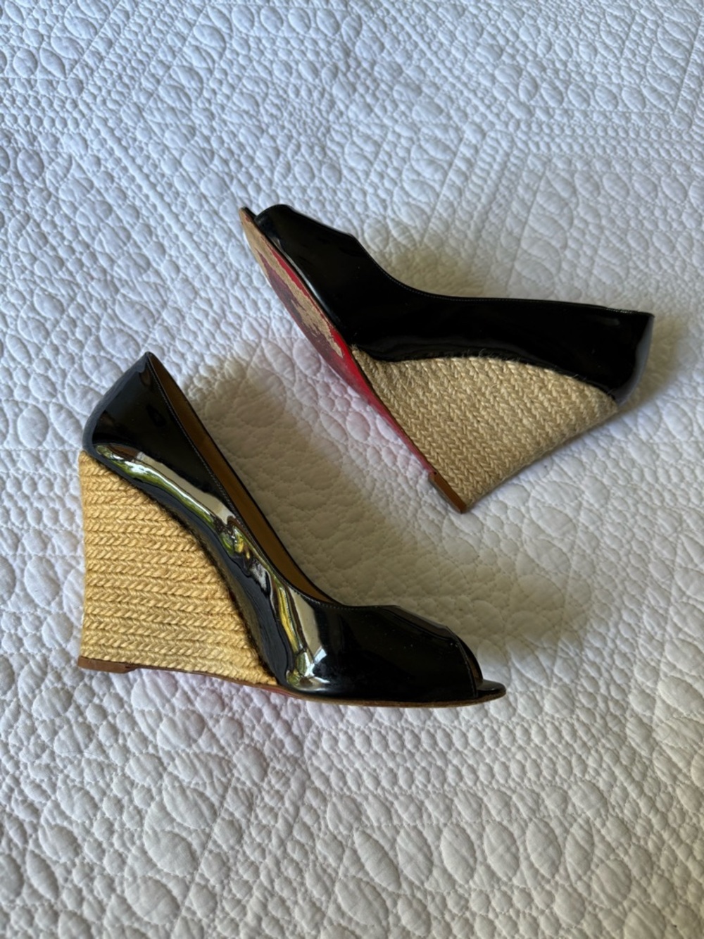 Christian Louboutin Black Patent Peep-Toe Raffia Wedges
